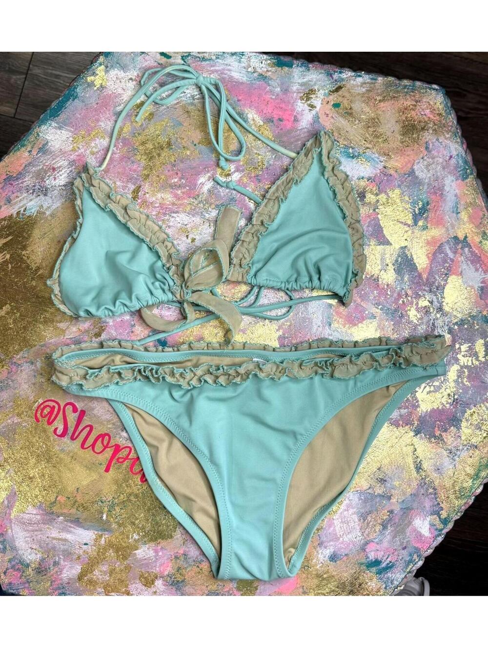 Victoria's Secret Ruffled Trim Bikini Set in Mint and Beige - M